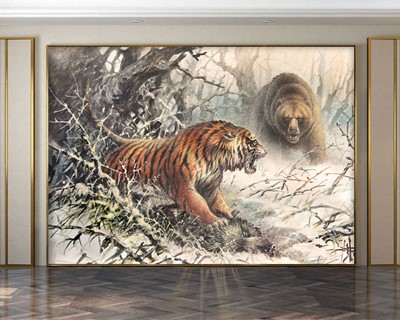 Artistiek behang met afbeeldingen van tijgers en beren