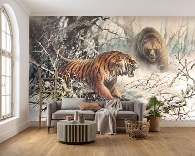 Artistiek behang met afbeeldingen van tijgers en beren