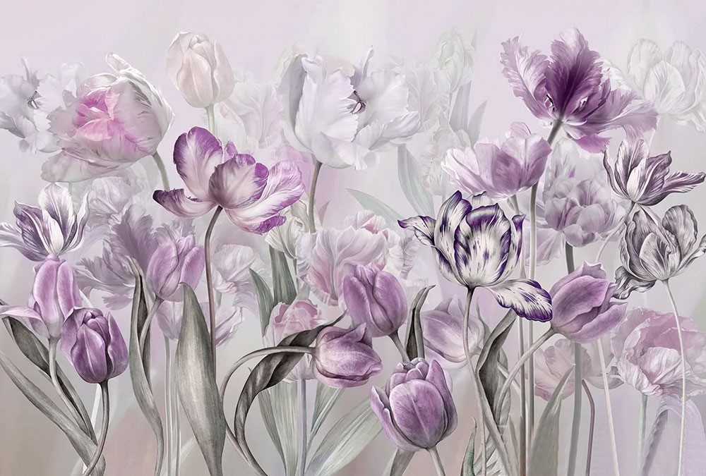 Artistiek behang met paarse bloemen