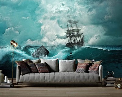 Ruwe zee en schip canvas schilderij behang