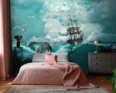 Ruwe zee en schip canvas schilderij behang