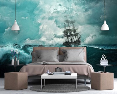 Ruwe zee en schip canvas schilderij behang