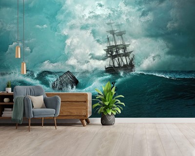 Ruwe zee en schip canvas schilderij behang