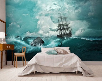 Ruwe zee en schip canvas schilderij behang