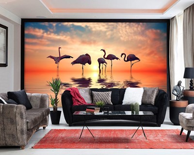 zonsondergang flamingo behang