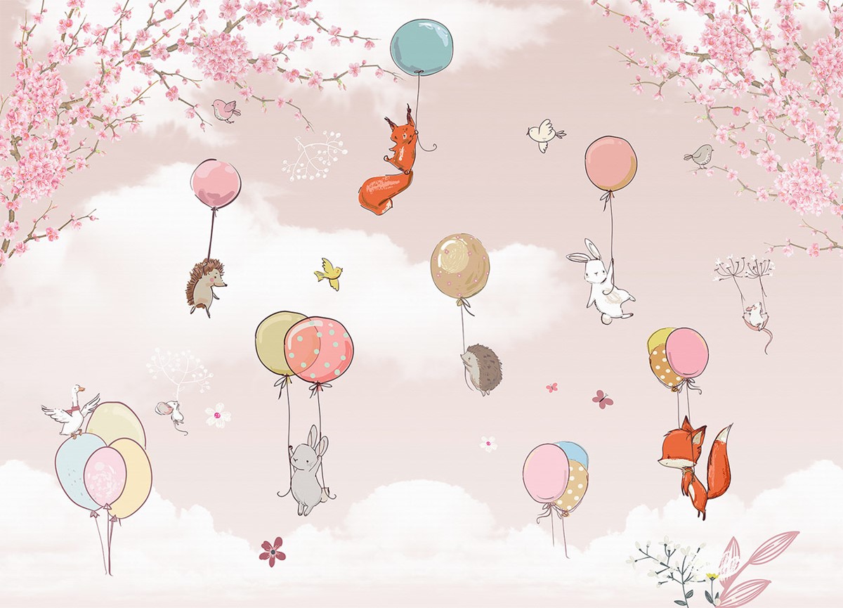 dieren vliegen met ballonnen behang