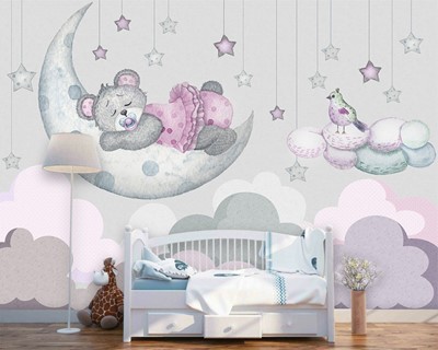 slapende welp beer babykamer behang