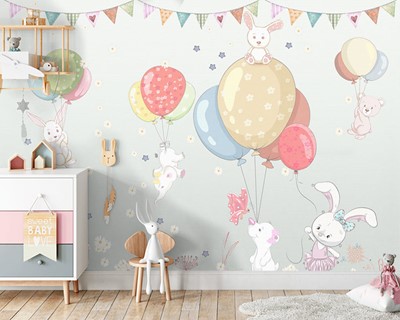 vliegende ballon babykamer behang