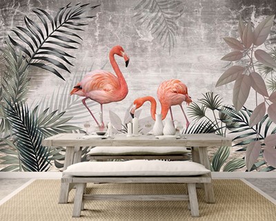 Flamingo vogels meeldauw groene bladeren behang