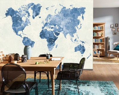  Blauwe kleur wereldkaart behang