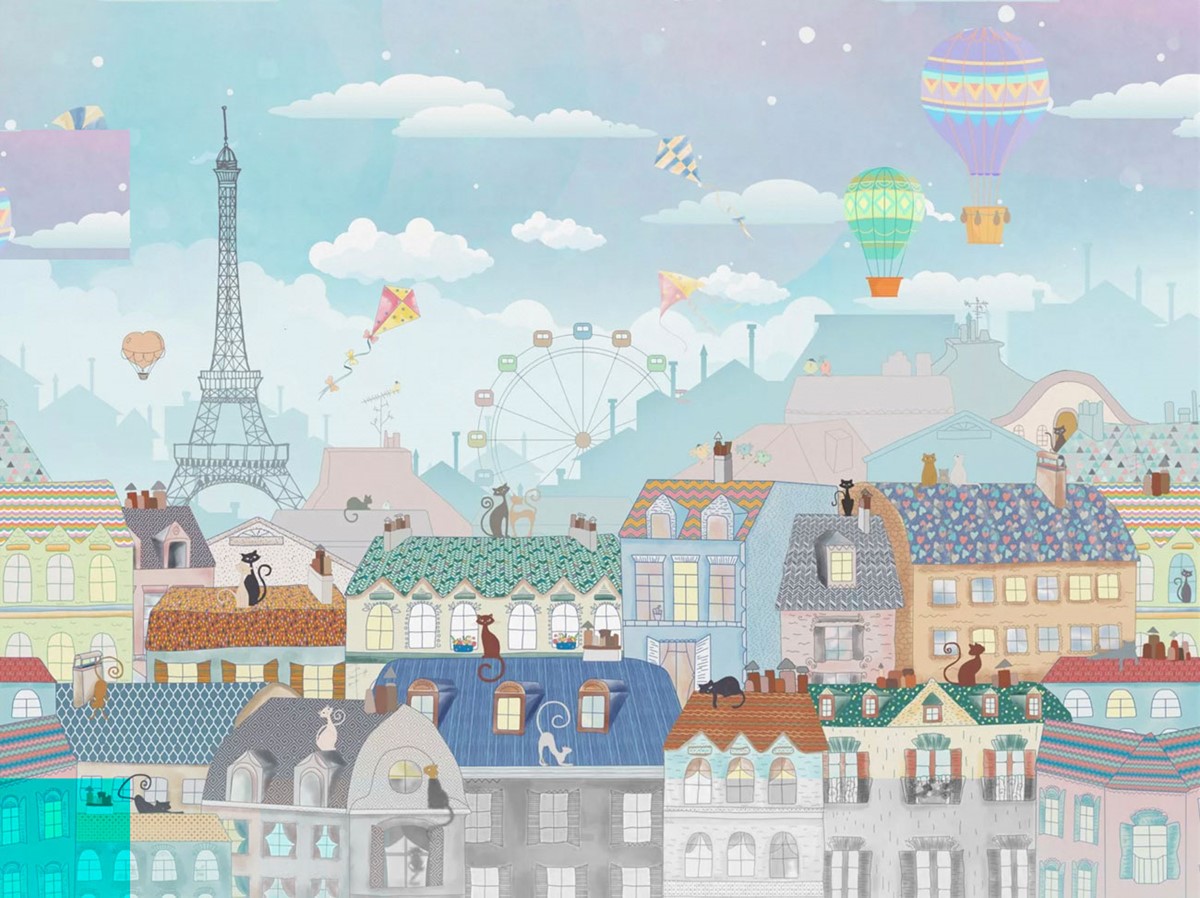 Cartoon Parijs Stad Thema Babykamer Behang