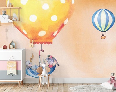 Konijntjes vliegen met ballonnen Babykamer behang
