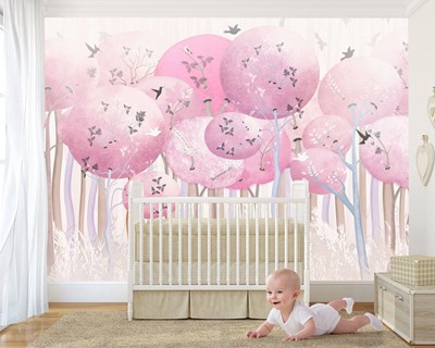 Roze boom behang voor babymeisjes
