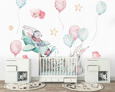 Babykamer met ballon vliegend dierenbehang