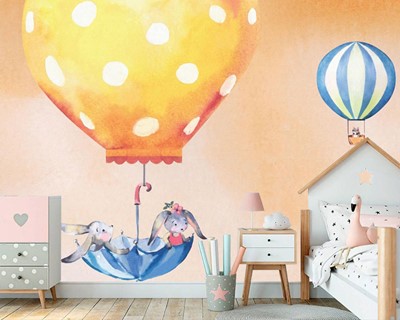 Konijntjes vliegen met ballonnen Babykamer behang