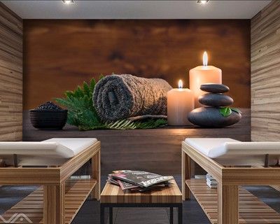 Ontspannende kaars en stenen massagesalon behang