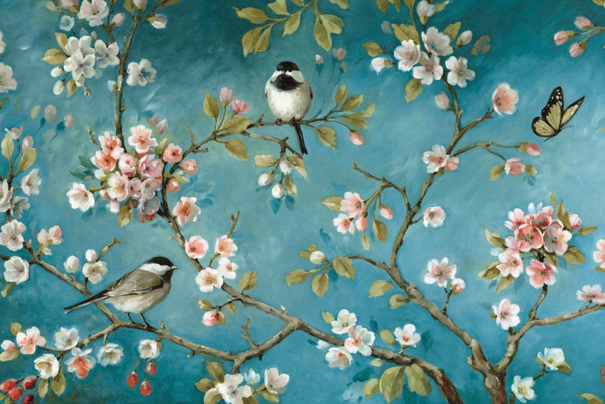Artistiek bloemen- en vogelbehang