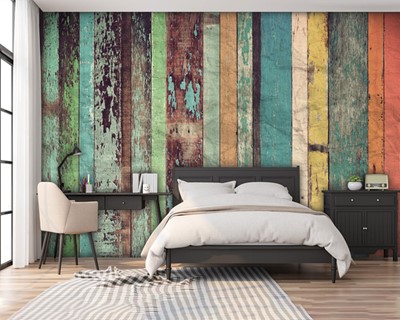 Kleurrijk getrommeld hout behang