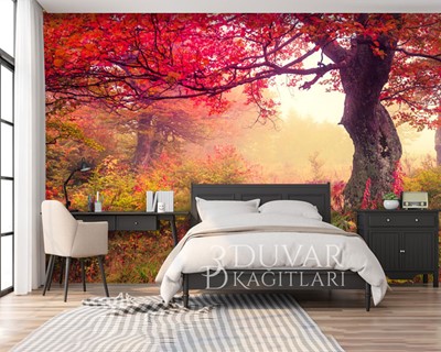 Rood Blad Bomen Behang