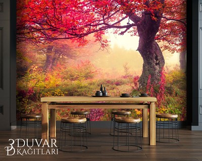 Rood Blad Bomen Behang