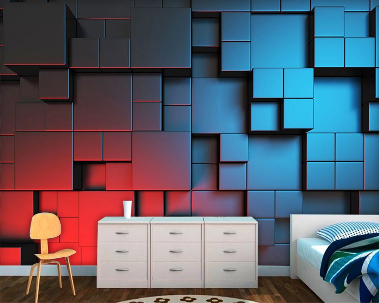 Steil besluiten Erge, ernstige Rood Blauw Blokjes Behang 3D 3D-behangen | 3D-achtergronden