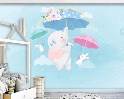 Vliegende olifanten met paraplu's Babykamer muurposter