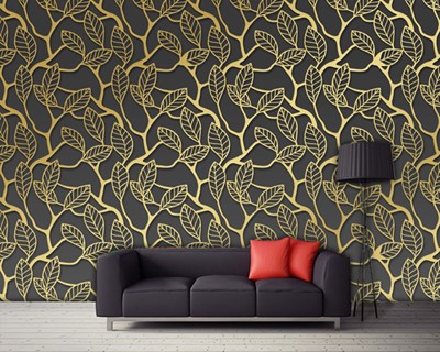 Gouden kleur lineaire bladeren behang