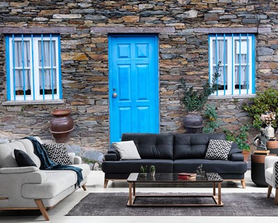Blauwe Deur Stenen Huis Behang