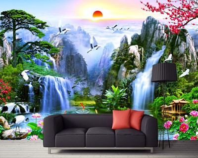 Watervalbehang achter tv-meubel