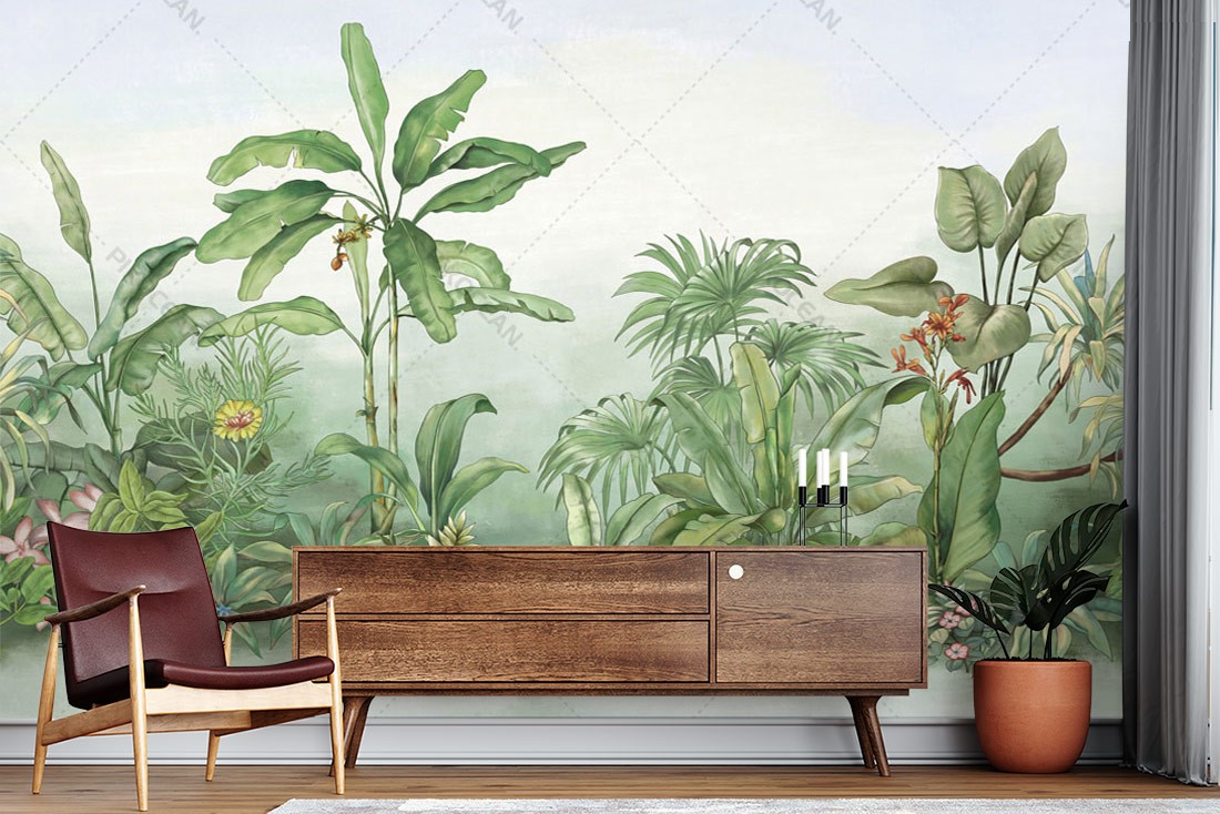 tabak Magazijn hond Tropische planten behang 3D-behangen | 3D-achtergronden