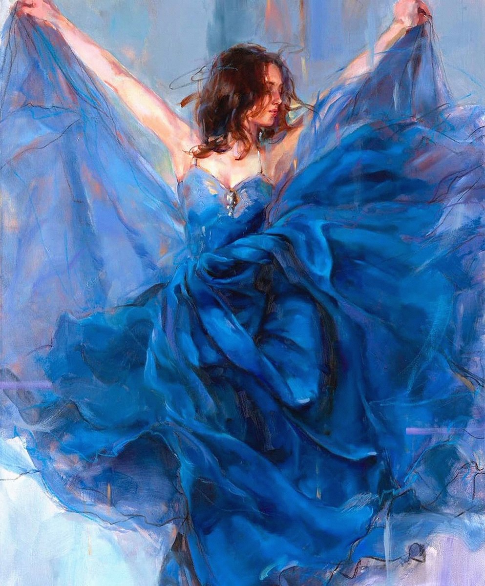 Vrouw in blauwe jurk behang