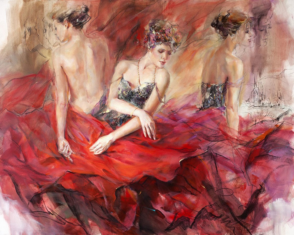 Vrouwen in rode jurk canvas behang