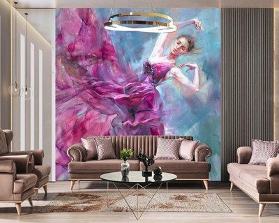 Dansende vrouw in roze jurk canvas behang