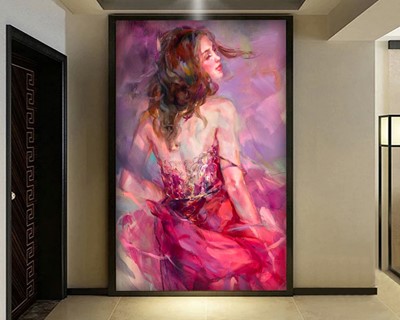 Vrouw in roze jurk canvas behang