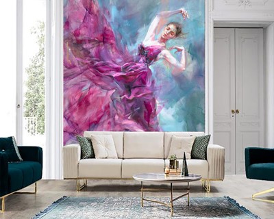 Dansende vrouw in roze jurk canvas behang