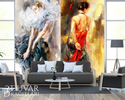 Canvasbehang met twee verschillende vrouwenschilderijen