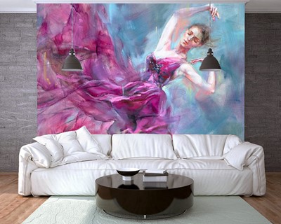 Dansende vrouw in roze jurk canvas behang