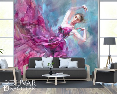 Dansende vrouw in roze jurk canvas behang