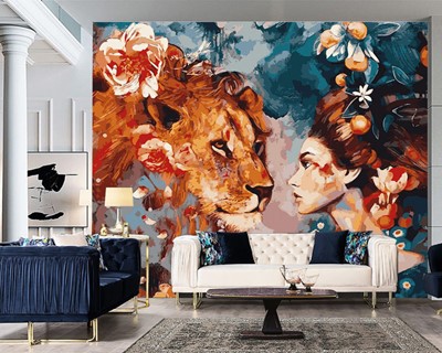 Vrouw en leeuw thema canvas schilderij behang