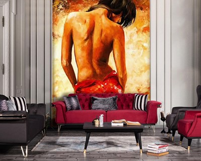 Vrouw in rode jurk canvas behang