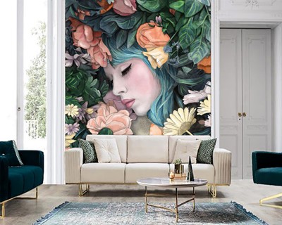 Kleurrijk bloemen vrouw canvas behang