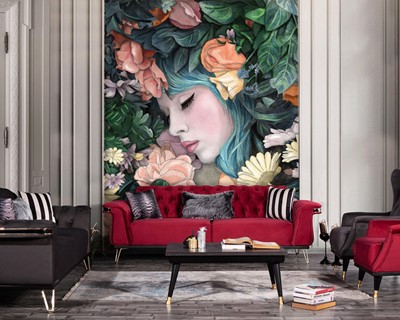 Kleurrijk bloemen vrouw canvas behang