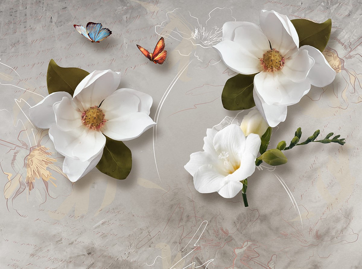3D wit bloemenbehang