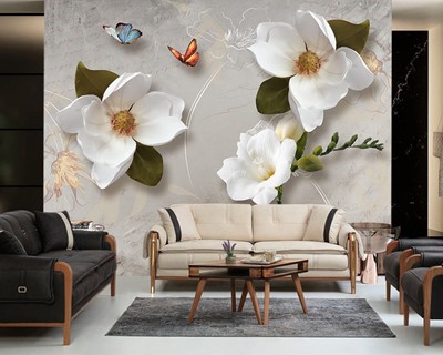 3D wit bloemenbehang