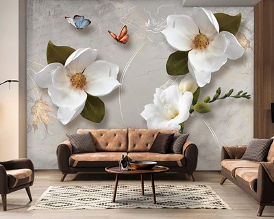 3D wit bloemenbehang
