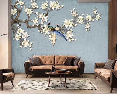 Boom bloemen en vogels behang