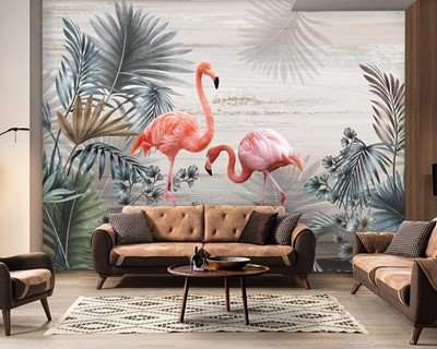 Artistiek behang met flamingo-thema