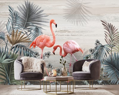 Artistiek behang met flamingo-thema