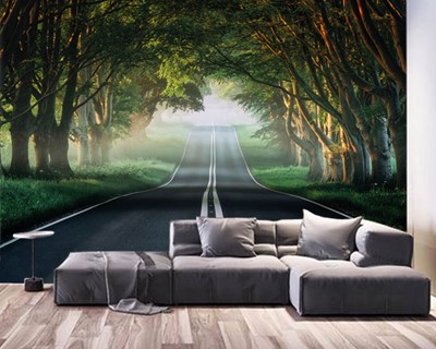 3D Asfalt en Bomen Wallpaper