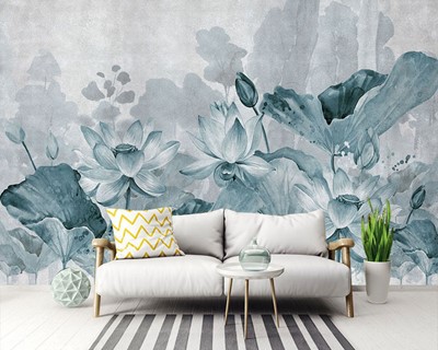 Blauwe kleur bloemen behang